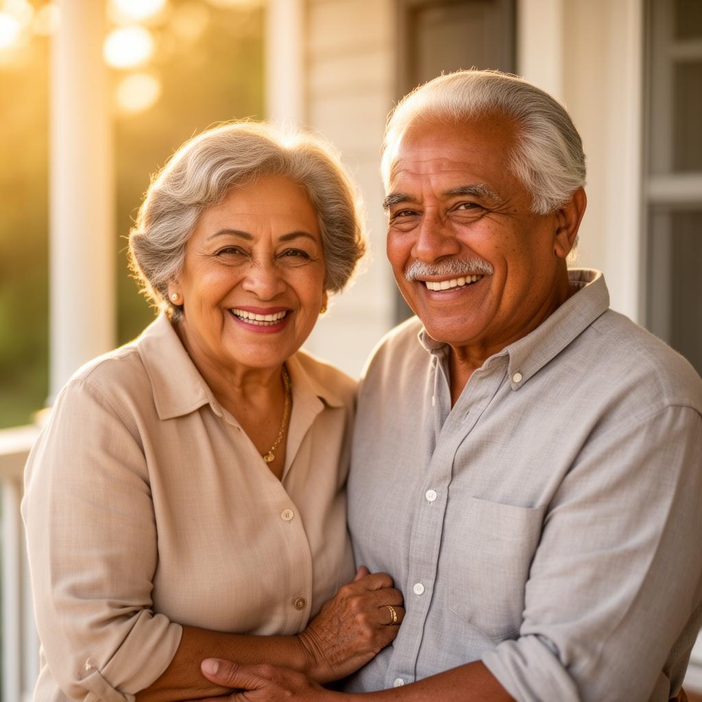 Smiling elderly couple on a porch