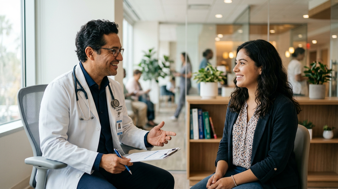 Friendly doctor speaking with a patient