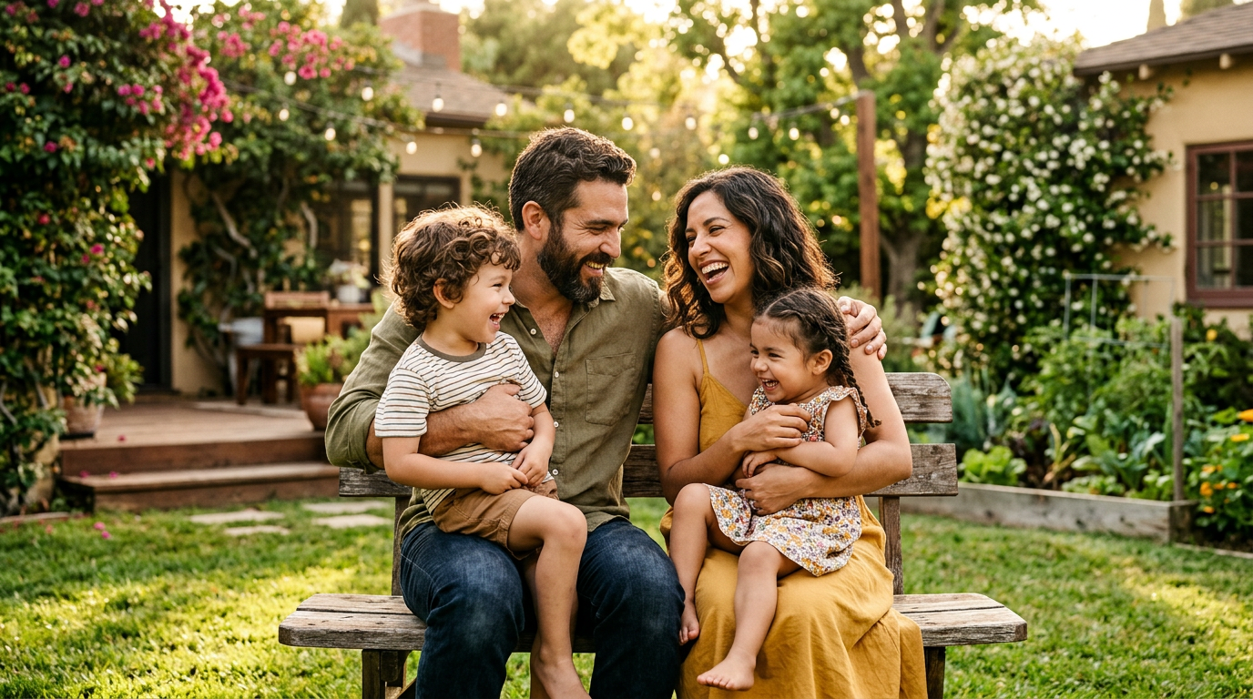 A family hugging in their living room