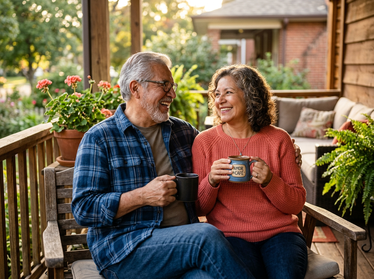 Happy elderly couple outside their home