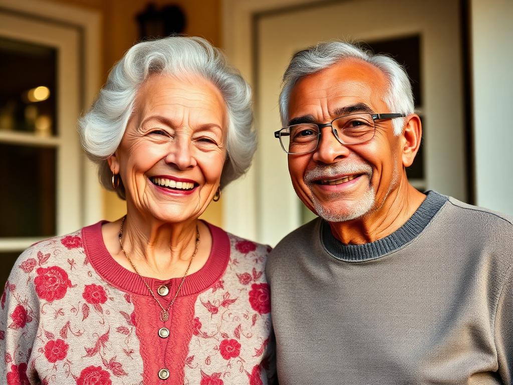 Happy elderly couple outside their home